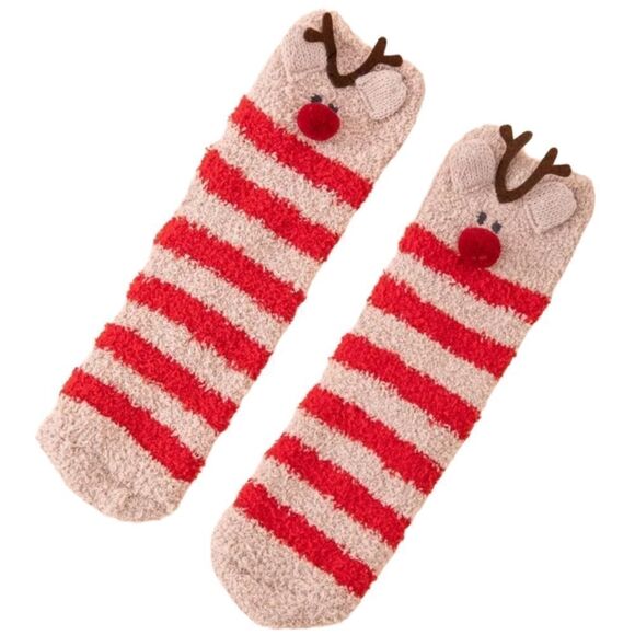 Reindeer Striped Fuzzy Socks - Picture 1 of 3